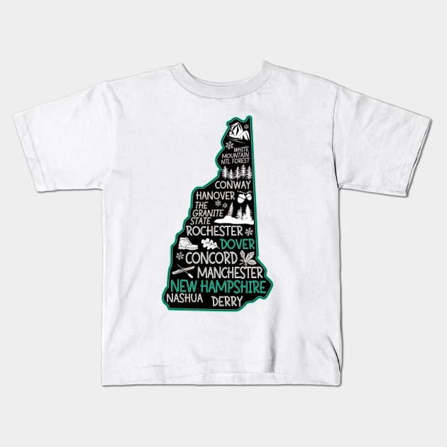 New Hampshire Dover cute map Conway Hanover Rochester Nashua The Granite State Kids T-Shirt by BoogieCreates